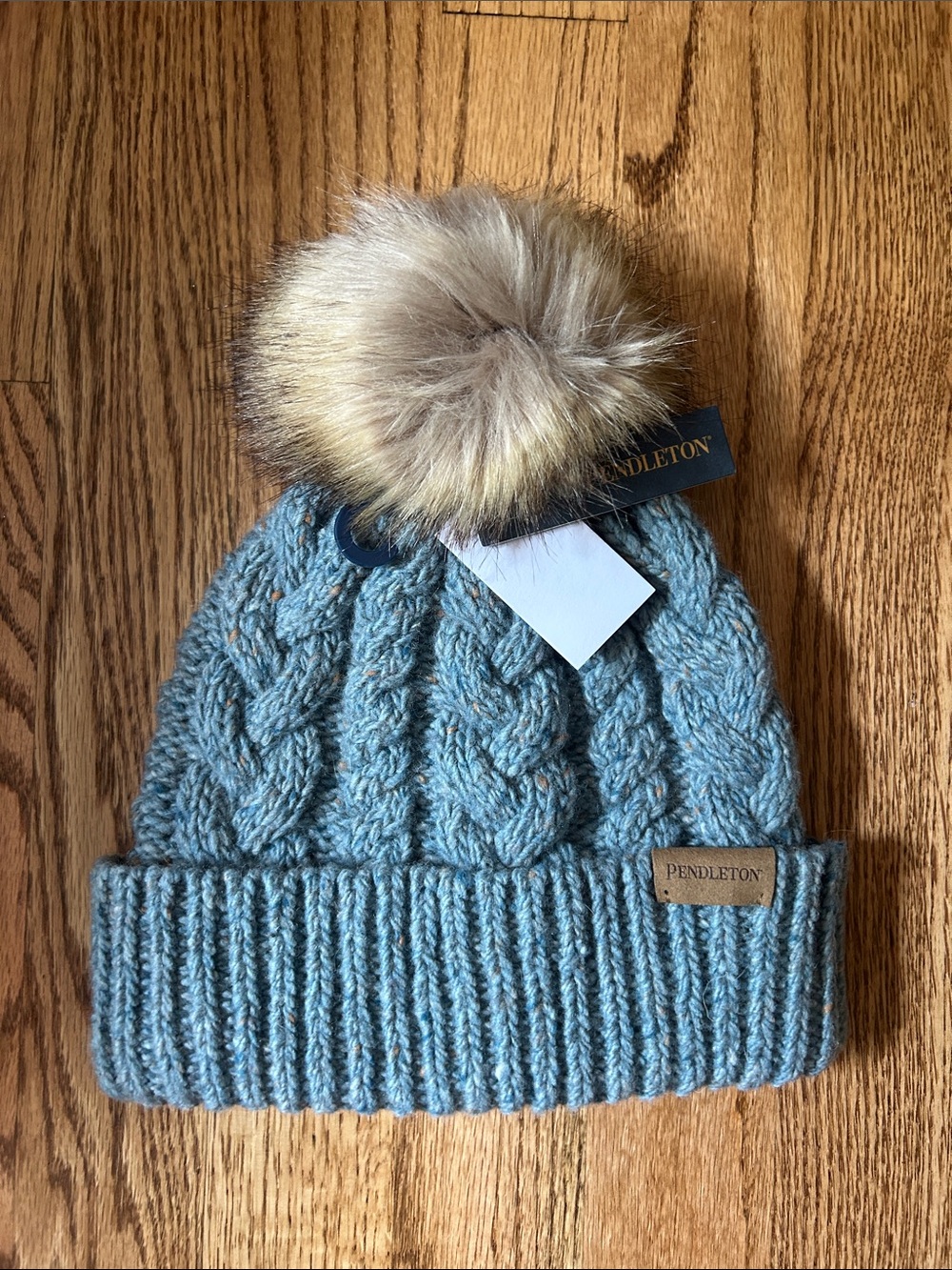Pendleton Blue Cable Knit Beanie with Faux Fur Pom